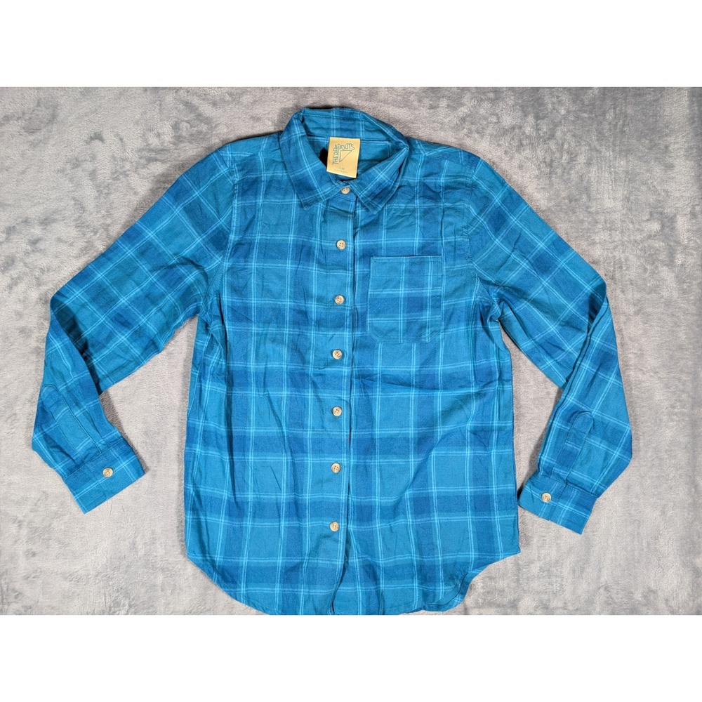 Thereabouts Girls Large 14 Teal Blue Plaid Flannel Button Down Shirt Long Sleeve